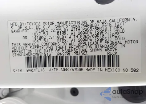 2012 Toyota Tacoma Dbl Cab Prerunner Lng Bed from USA, damaged, VIN 3TMKU4HN9CM031916